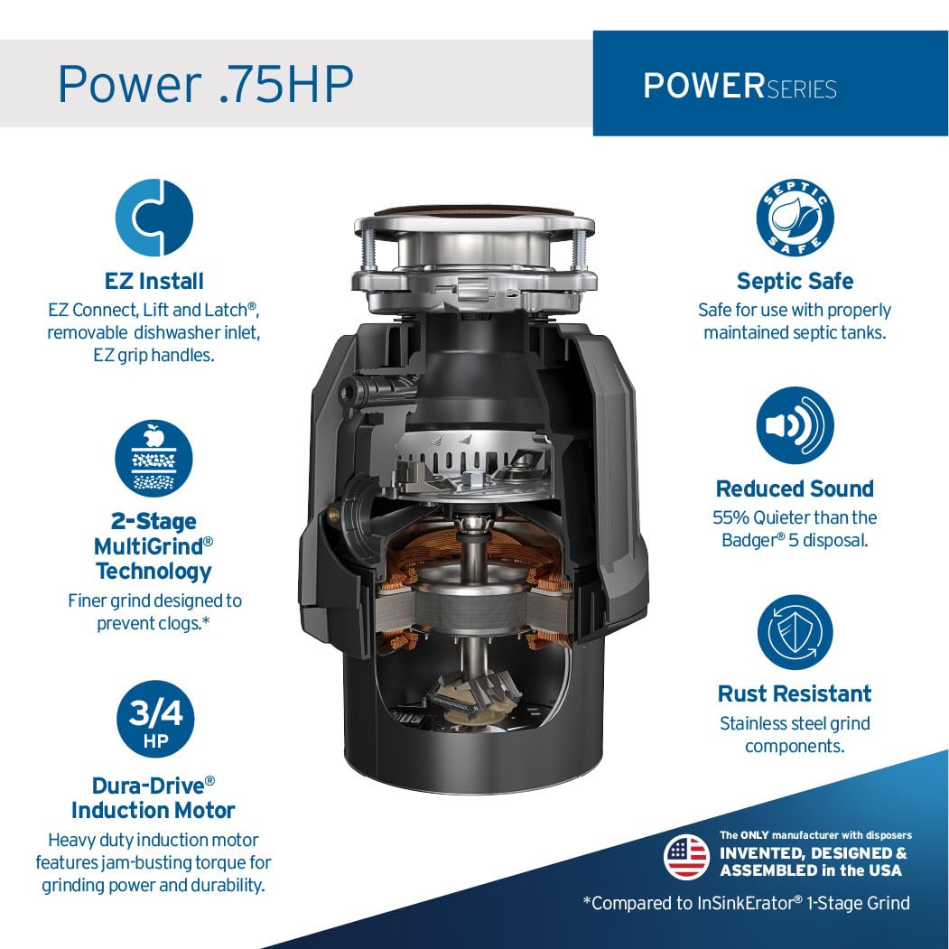 InSinkErator Power .75HP, 3/4 HP Garbage Disposal, Power Series EZ Connect Continuous Feed Food Waste Disposer, Black