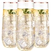 SUT 24PCS Rose Gold Champagne Flutes Plastic, 9oz Stemless Plastic Champagne Glasses, Rose Gold Rim Clear Toasting Glasses, Unbreakable, Shatterproof Mimosa Glasses, For Party,Shower