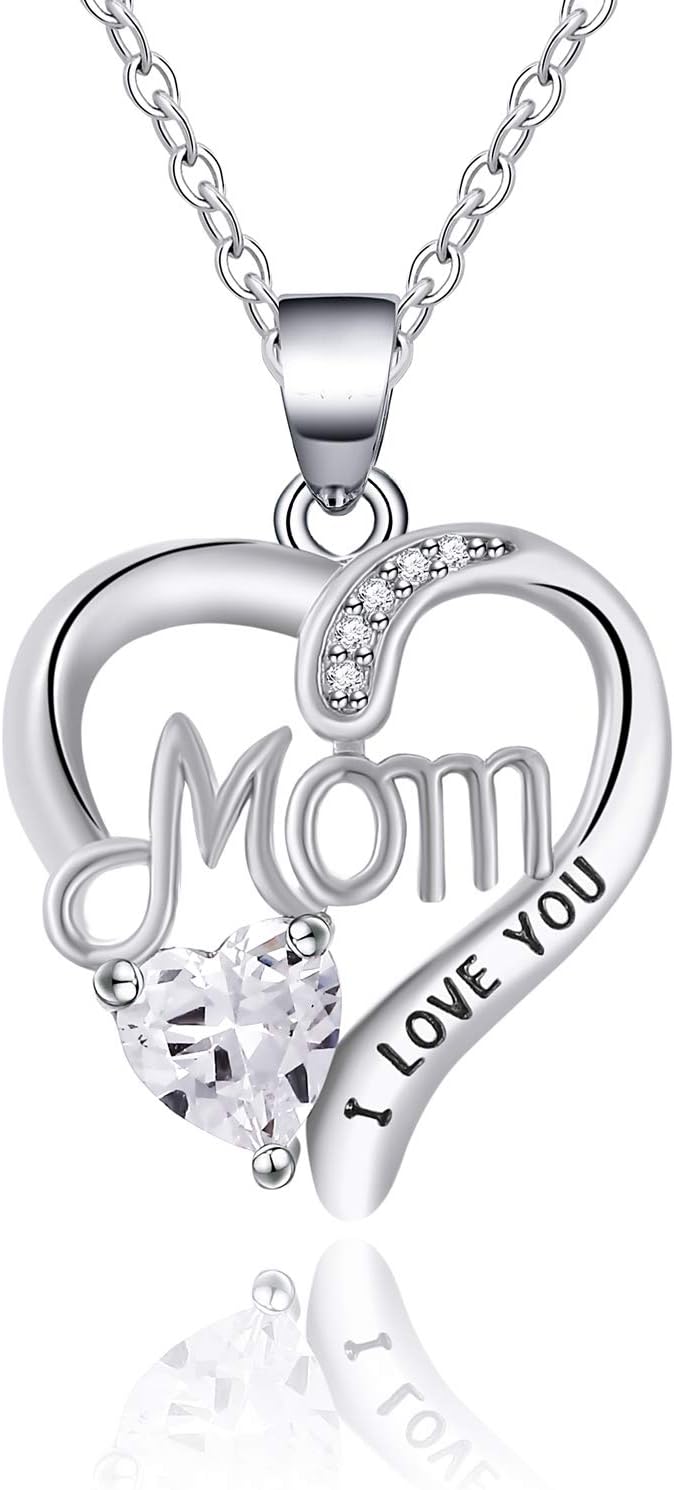 UEUCI LOVE YOU Mom Birth Stones Necklace, Silver Love Heart Pendant Necklace for Mom, Necklace Gift for Mother with 18''+2'' Chain