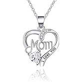 UEUC I LOVE YOU Mom Birth Stones Necklace, Silver Love Heart Pendant Necklace for Mom, Necklace Gift for Mother with 18''+2'' Chain