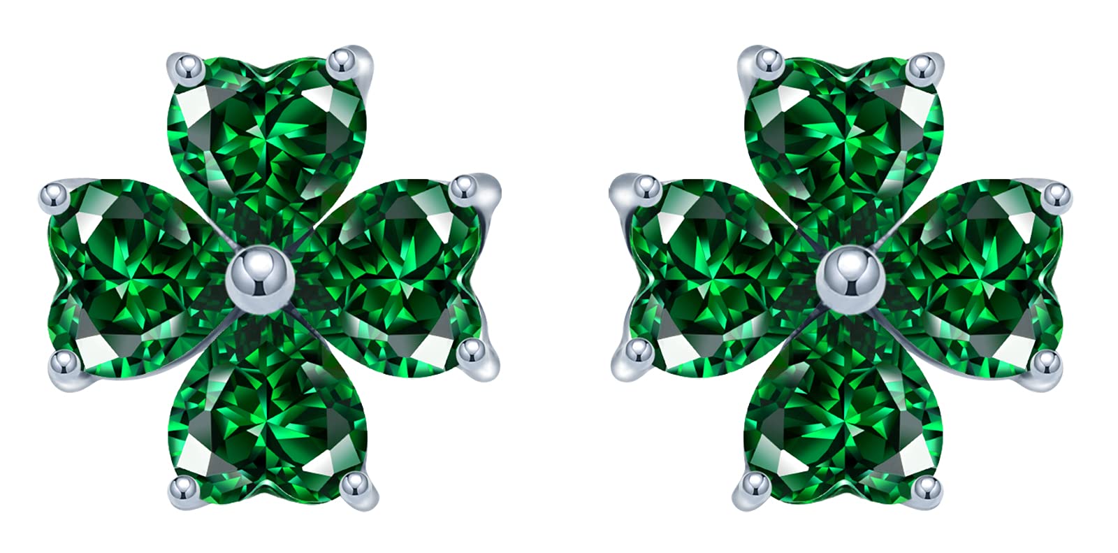 MicLee Woman's girl's Earrings Studs, 925 Sterling silver earrings, Green four-leaf clover earrings studs, Inlaid green zircon, elegant and unique, silver and green
