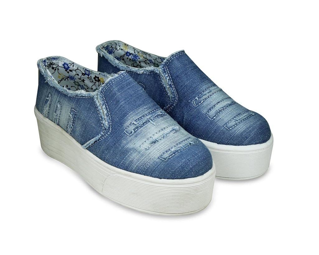 beonza women blue rugged denim jeans sneakers casual shoes