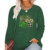 GeLivable Plus Size St Patricks Day Irish Festival Clover Lucky Graphics Print Shirt Women Long Sleeve Tops