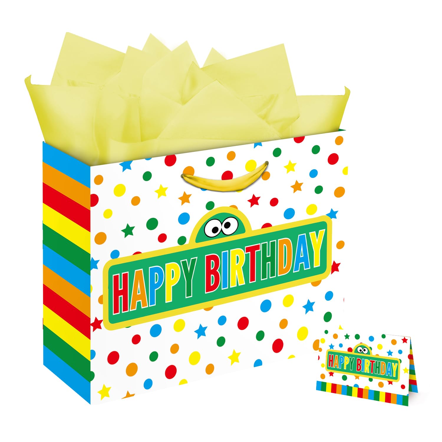 Photo 1 of 13" Large Cartoon Friends Party Supplies Gift Bag Set with Greeting Card and Tissue Papers, Green Blue Red Happy Birthday Gift Bags for Street Theme Party Birthday Celebration.