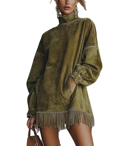Women's Brown Ruffled Hem Turtleneck Sweater Dress