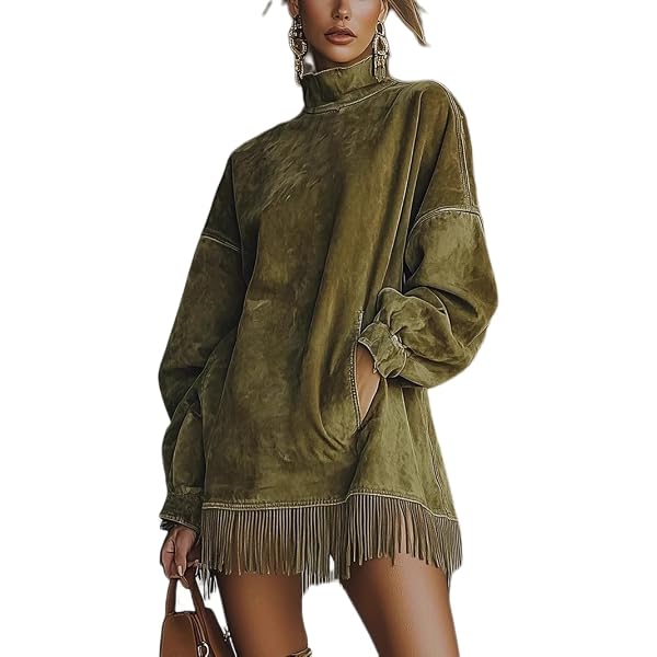 long sleeve suede fringe dress Melliflo Women's Retro Fringe Suede Dress Mock Neck Long Sleeve Velvet Midi Dress Casual Loose Fit Solid Dresses with Pockets Brown at Amazon Women's Clothing store
