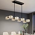 OKES Modern Crystal Chandelier for Dining Room,Black and Gold Pendant Lights Fixture with 8-Lights,Adjustable Height Hanging Ceiling Light for Kitchen Island,Bedroom,Over Table,Living Room