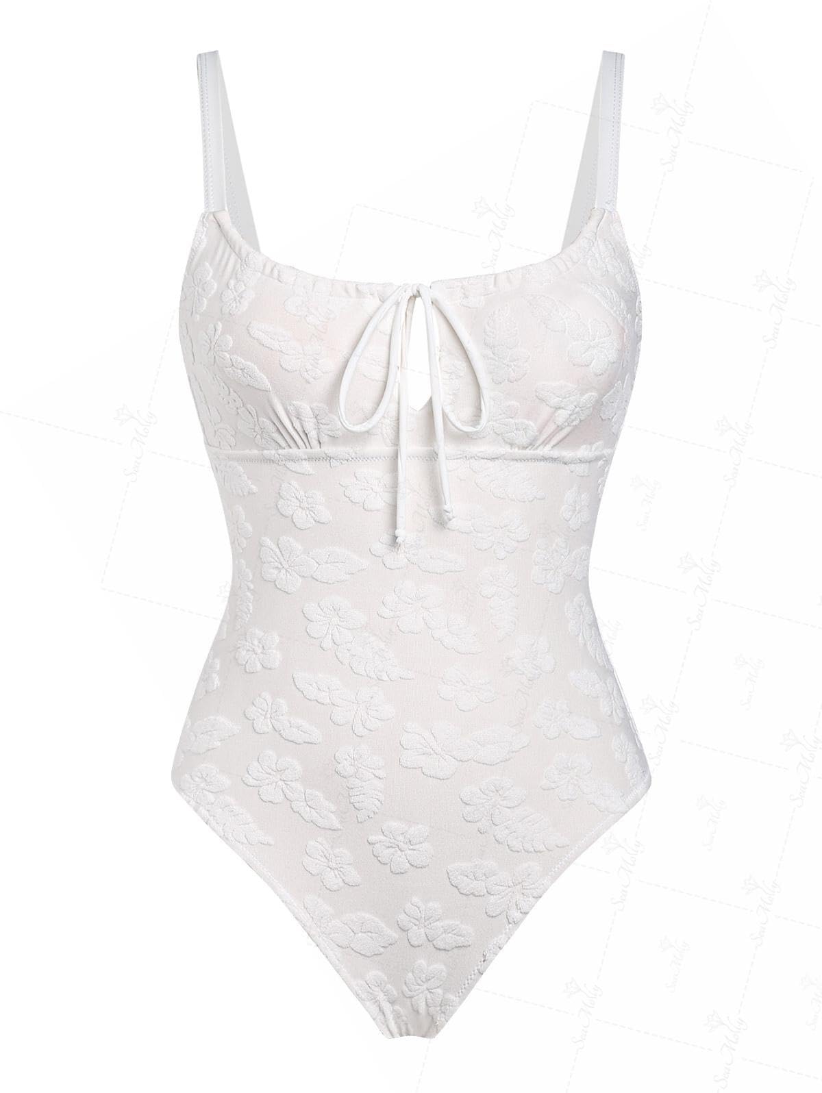Photo 1 of seamoly Floral Terry Toweling Jacquard Tied Back One-Piece Swimsuit, Crystal Cream, S