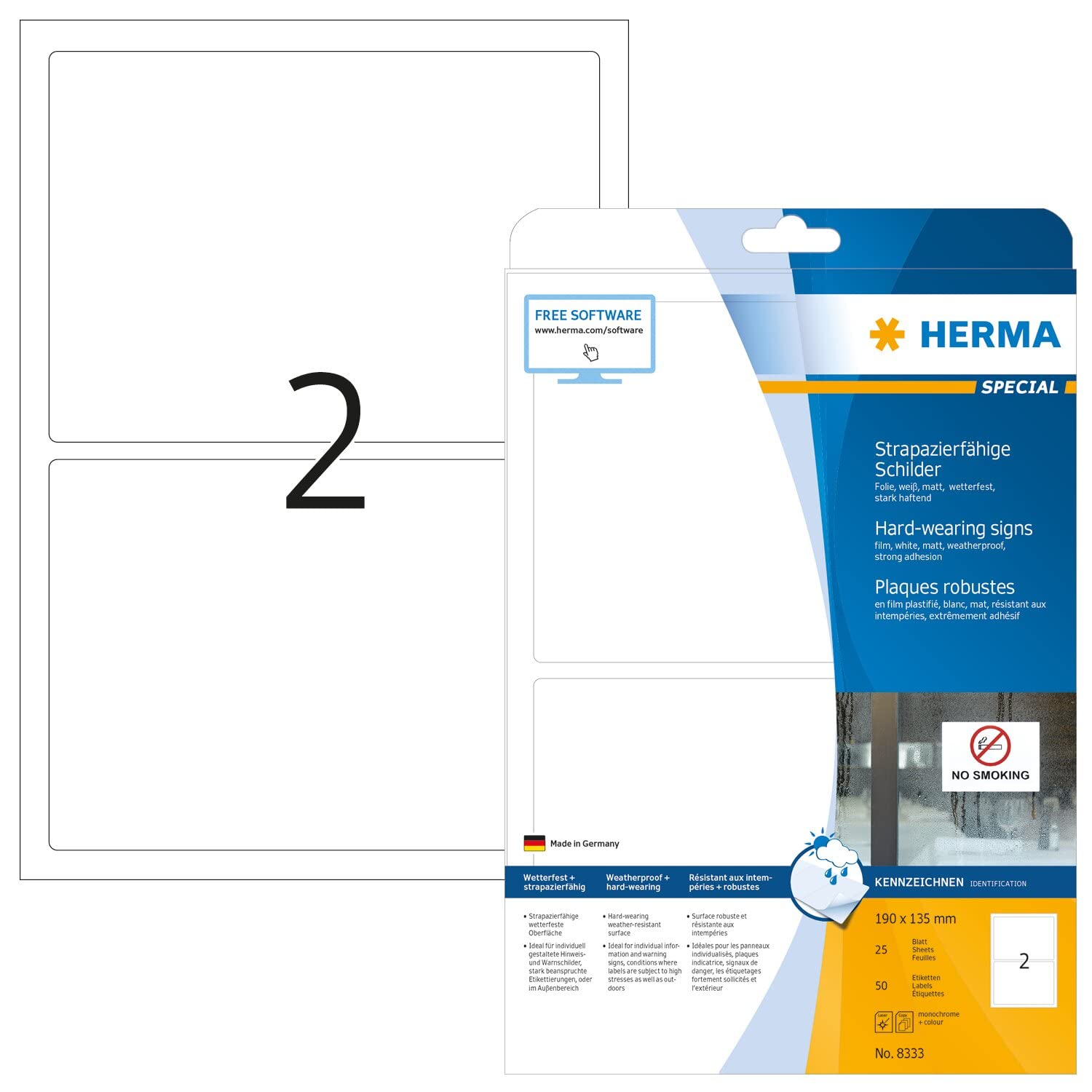 HERMA Self Adhesive Film Labels, 2 Labels per A4 Sheet, 25 Sheets, 190 x 135 mm, 50 Labels, Blank Weatherproof Labels Stickers, Sticky Labels for Laser & Inkjet Printer, White
