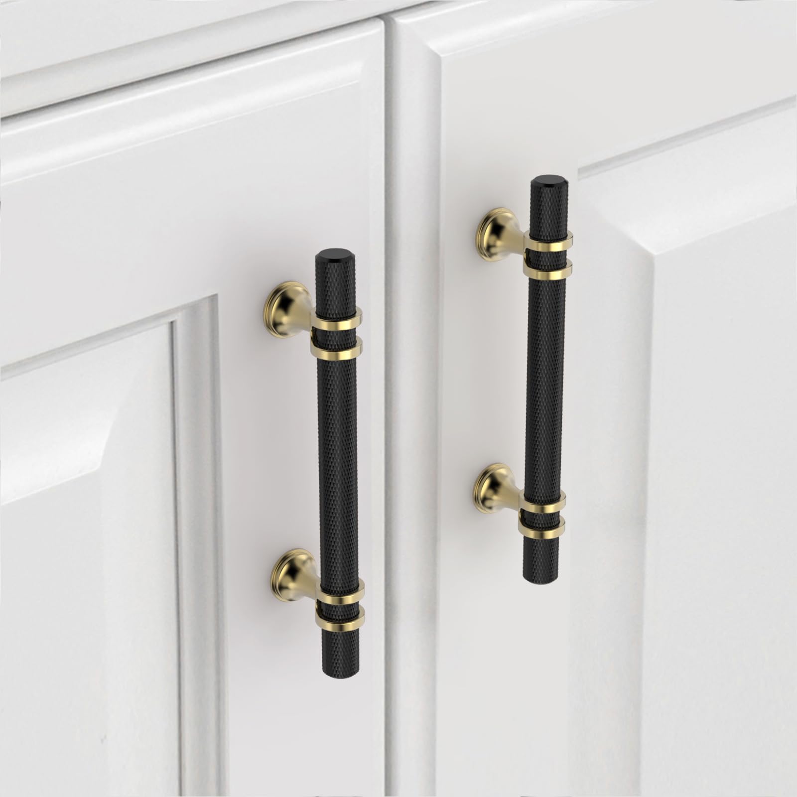 9BUILD 10 Pack Gold Black Cabinet Pulls 96MM Hole Center Kitchen Cupboard Handles Knurled for Drawer UK0049