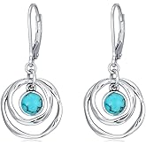 BETHZA Natural Turquoise Earrings for Women 925 Sterling Silver Round Turquoise Circle Textured Drop Dangle Earrings Boho Vintage Leverback Jewelry Gifts