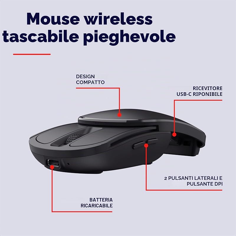 Zylo Mouse Wireless Pieghevole con Microricevitore USB-C, Nero