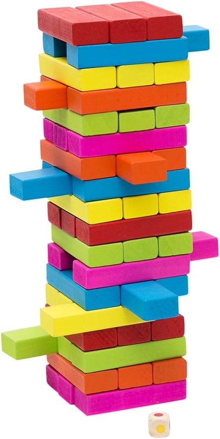 Jacootoys Wooden Stacking Board Games with Dice Family Party Building Blocks Educational Toys for Kids- 54 Pieces