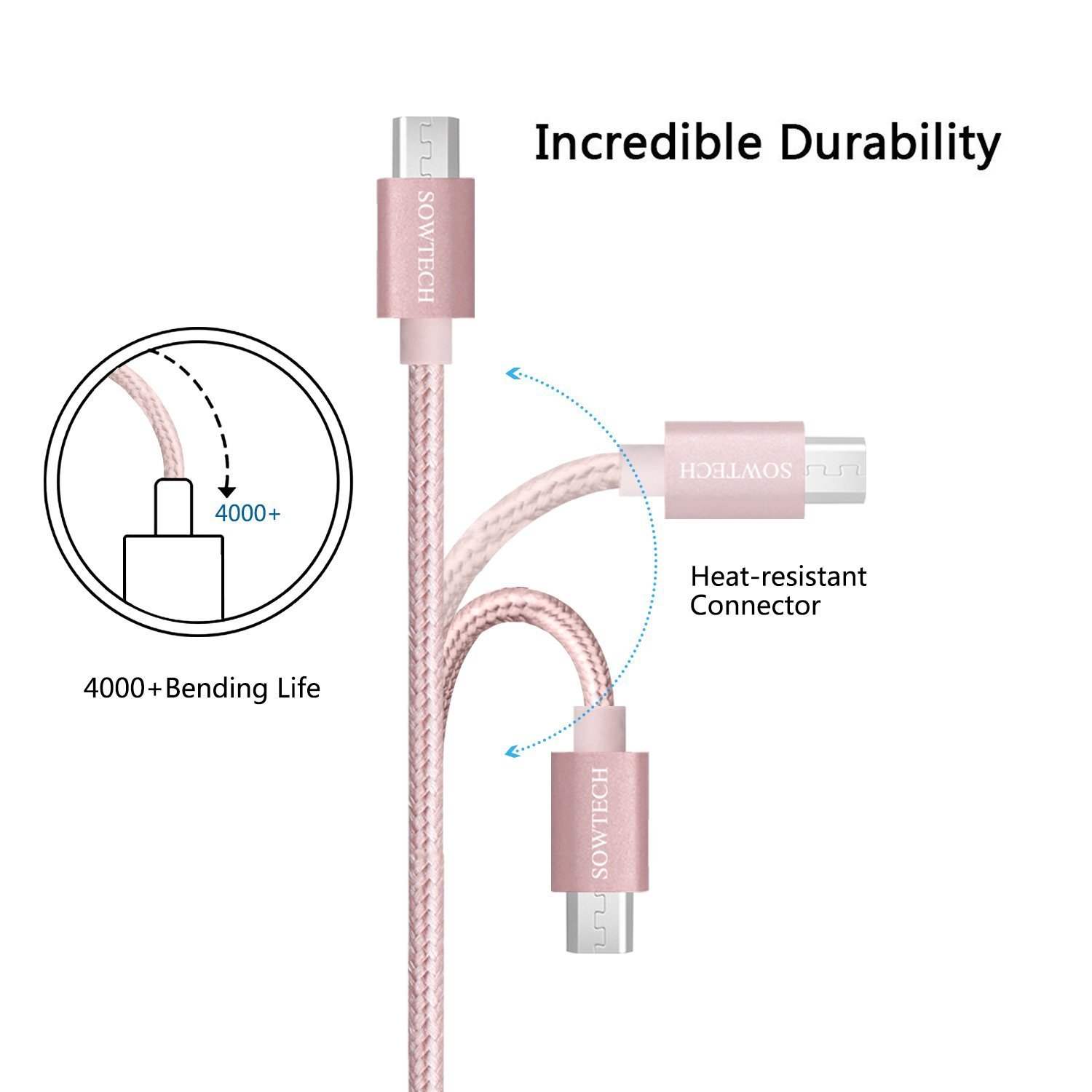 Micro USB Cable SOWTECH 5 Pack 1ft/2x3ft/2x6ft Durable Nylon Braided Interconnects USB 2.0 A Male to Micro B Sync and Charging Cords for Android Phones and Tablets - Rose