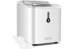 KUMIO Countertop Ice Maker, 9 Thick Bullet-Shaped Ice Ready in 6-9 Mins, 26.5 Lbs in 24Hrs, Portable Ice Maker Machine with Ice Scoop and Basket for Home/Kitchen/Party, White