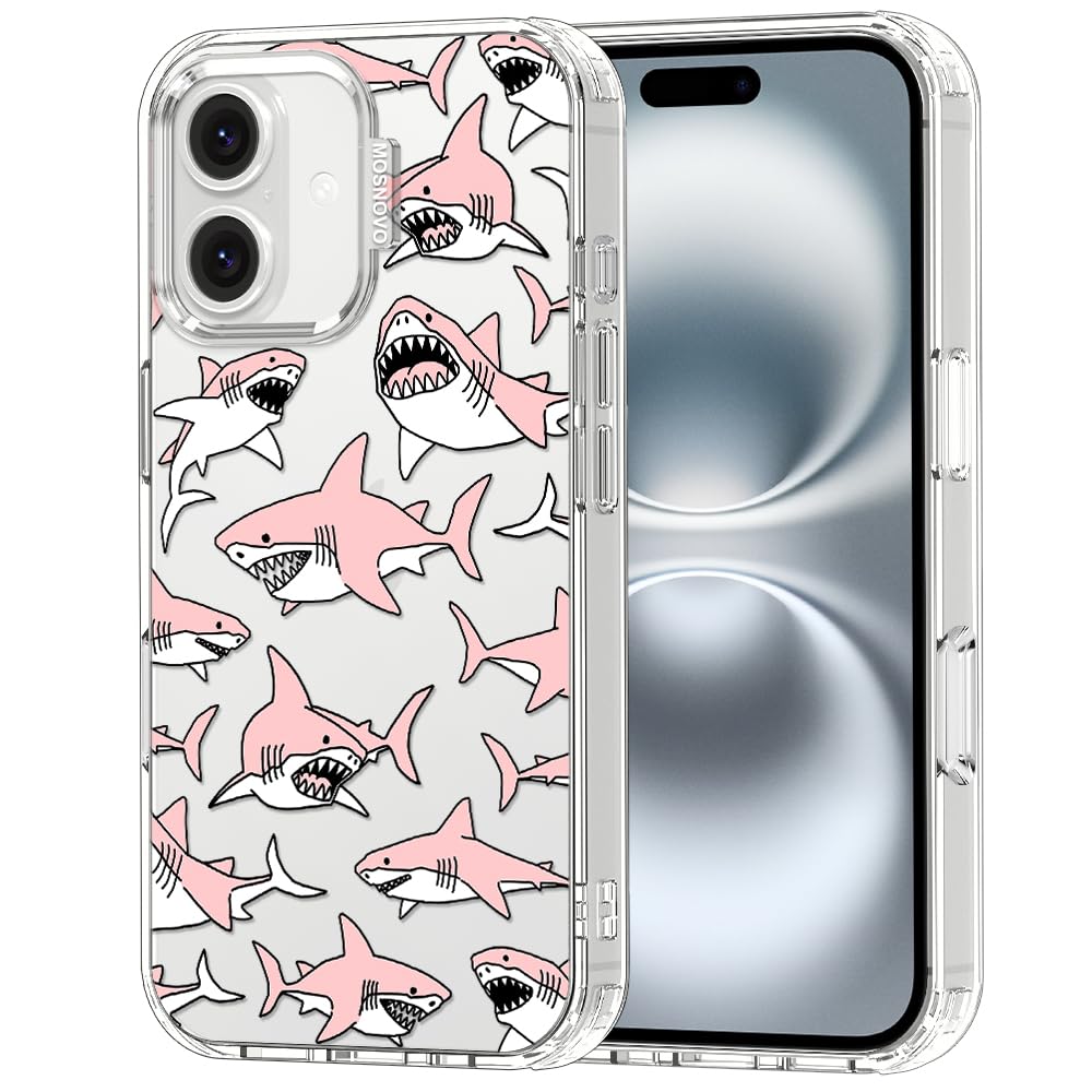 MOSNOVO Case for iPhone 16, [Buffertech 6.6ft Military-Grade Drop Protection] [Anti Peel Off Tech] Clear TPU Bumper Phone Case Cover Design - Pink Sharks