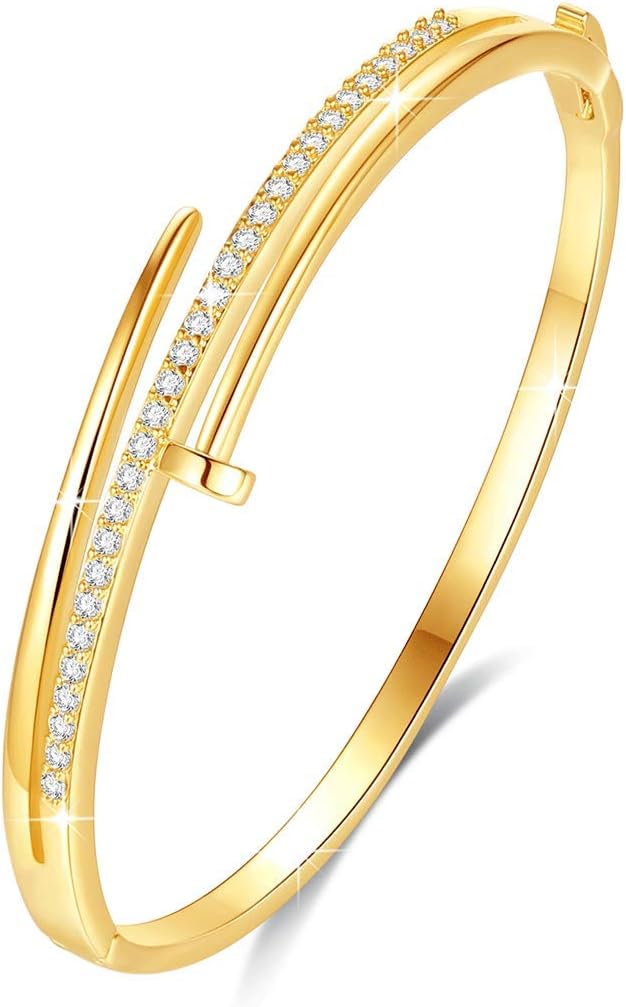 VICISION Bangle Bracelet for Women with Top Cubic Zirconia Nail Cuff Bracelet