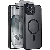 Symcele Designed for iPhone 15 Plus Case, Compatible with MagSafe, with Privacy Screen Protectors X2, [Camera Protection] [15FT Military Drop Protection] Shockproof Phone Case, 6.7", Black