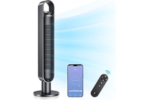 Azonanor Tower Fan for Bedroom, 90° Oscillating Standing Bladeless Fan with Remote, 12H Timer, 3 Speeds Max 28ft/s, 3 Modes, LED Display Floor Fans Works with Tuya/Smart Lift