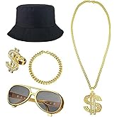 5Pcs Hip Hop Costume Kit, 80s 90s Old School Rapper Costumes for Men Women, Glasses Bracelet Gold Chain Necklace Rings Caps, 80s Accessories for Men Cosplay Party Outfits New Year Holiday Gift