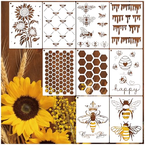 Bee Stencils for Painting on Wood Crafts Reusable A4 Honey Bee Honeycomb Stencil Art Paint on Wall Canvas Pattern Sunflower Paint Stencils for Card Making Fabric Shirt Furniture (9Bee)