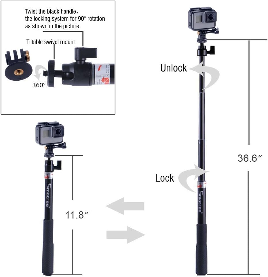 Smatree Extendable Aluminum Selfie Stick/Monopod Compatible for GoPro Max/Hero 9/8/7/6/5/4/3+/GOPRO Hero(2018)/AKASO GeekPro SJCAM SJ4000 SJ5000 Xiaomi Yi Camera Action Camera : Camera & Photo