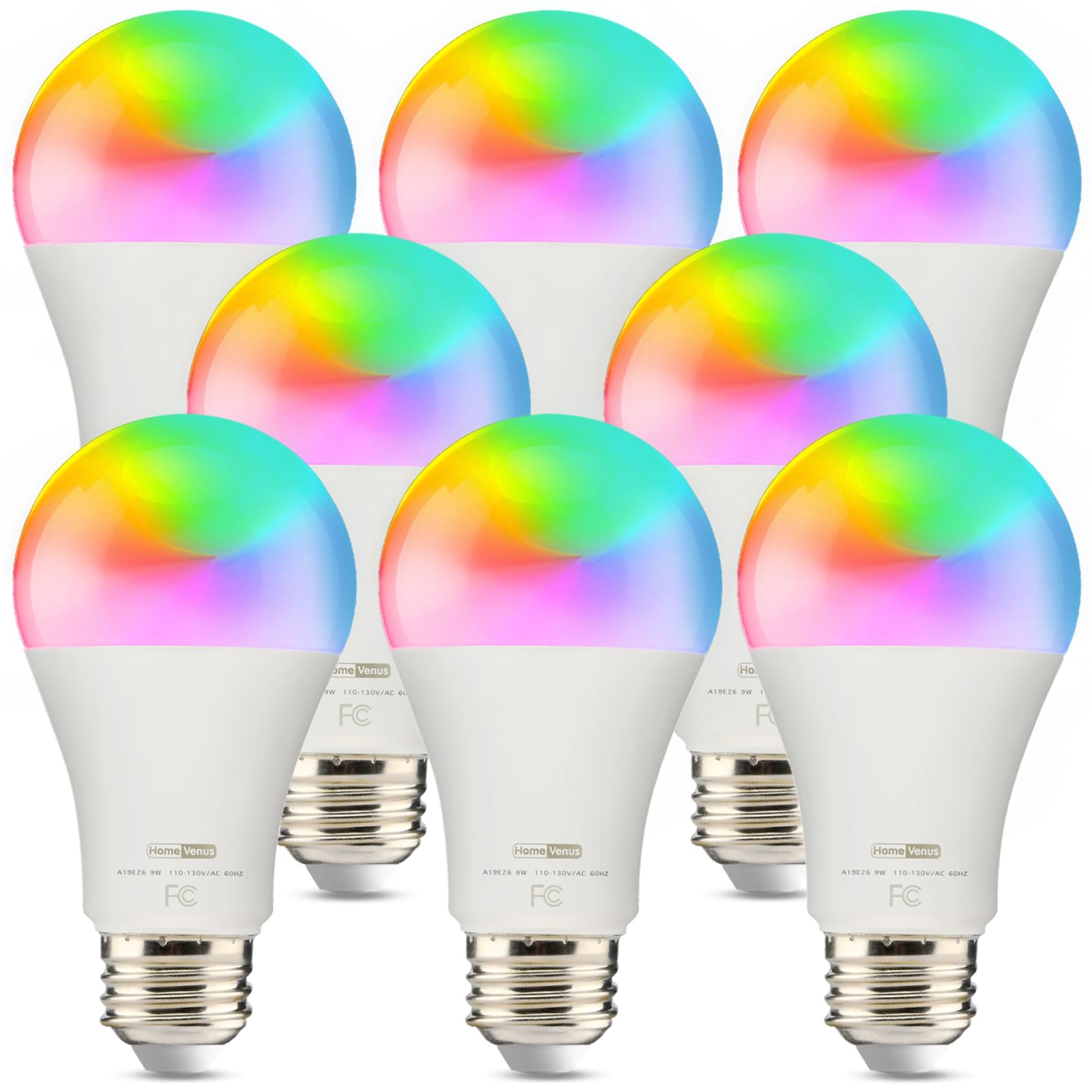 Photo 1 of Homevenus HVS Smart Light Bulbs, 9W Equivalent 60W A19 E26 RGBW Music Sync Color Changing LED Light Bulbs, App 2.4GHz WiFi Dimmable Tunable White Compatible with Alexa Google Assistant, 8 Pack