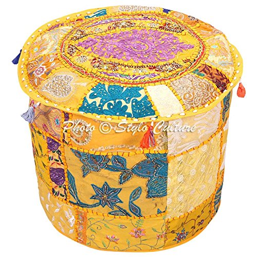 Stylo Culture Ottoman Pouffe Seat Ottoman Cover Large Yellow Ethnic Embroidered Patchwork Cotton Traditional Round Fabric Ottoman Pouf Cover (22x22x13 Inch) 55cm (COVER ONLY)