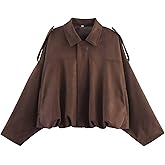 Xunger Women's Faux Suede Bomber Jacket Spring Lapel Pilot Coat Casual Oversized Long Sleeves Trendy Streetwear Outerwear
