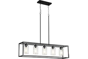 XISLTHOTSL Black 5-Light Dining Room Light Fixture, Modern Farmhouse Chandeliers, Linear Rectangular Kitchen Island Lighting, Industrial Vintage Pendant Lighting with Clear Glass Shade Height Adjustable