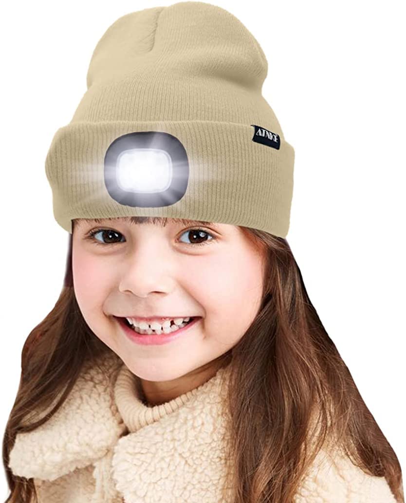 ATNKE Kids LED Lighted Beanie Cap, USB Rechargeable 4 LED Headlamp Waterproof Winter Warmer Knit Night Hats with Light for Boys Girls/Beige