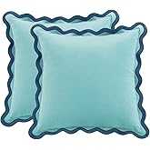 MONDAY MOOSE Decorative Throw Pillow Covers Cushion Cases, Set of 2 Soft Velvet Scalloped Wavy Edge Designs, Mix and Match for Home Decor, Pillow Inserts Not Included (16x16 inch, Blue/Light Blue)