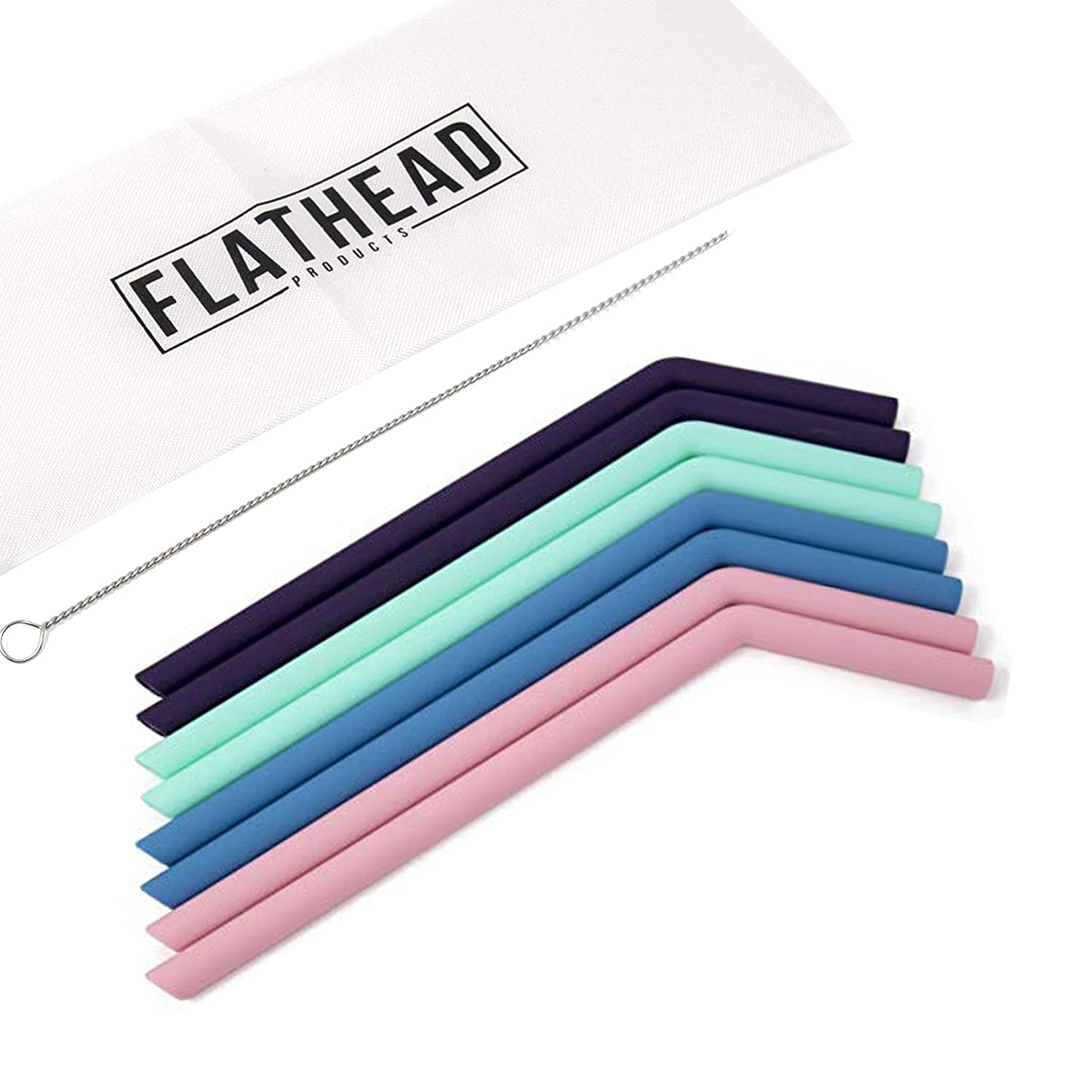 Flathead Reusable Silicone Straws - Flexible, Easy to Clean Drinking Straws - Eco-Friendly, Durable Silicon Rubber Straws, Cleaning Brush & Straw Bag Included - Great Stocking Fillers Idea - Set of 8