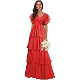 homdor Tiered Ruffles Bridesmaid Dresses for Women 2026 V Neck Chiffon Formal Evening Dresses with Sleeves