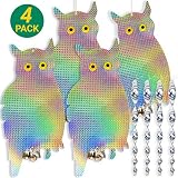 HOMESCAPE CREATIONS Owl Decoy Bird Repellent Control Scare Device - Holographic Reflective Woodpecker Deterrent with 4 Spiral Rods & 4 Bonus Suction Cups / 4 Pack Combo