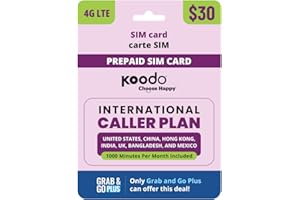 Koodo Mobile 4G [International Caller Plan] 4G LTE Prepaid 30$ SIM Card Starter Kit - Unlimited Talk Canada + 20 GB + LD to 7