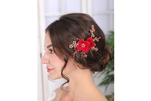 Teyglen Red Flower Wedding Hair Clip Pin Rhinestone Bridal Hair Clip Handmade Red Crystal Pearl Hair Barrette Wedding Headpeice Hair Accessories for Women