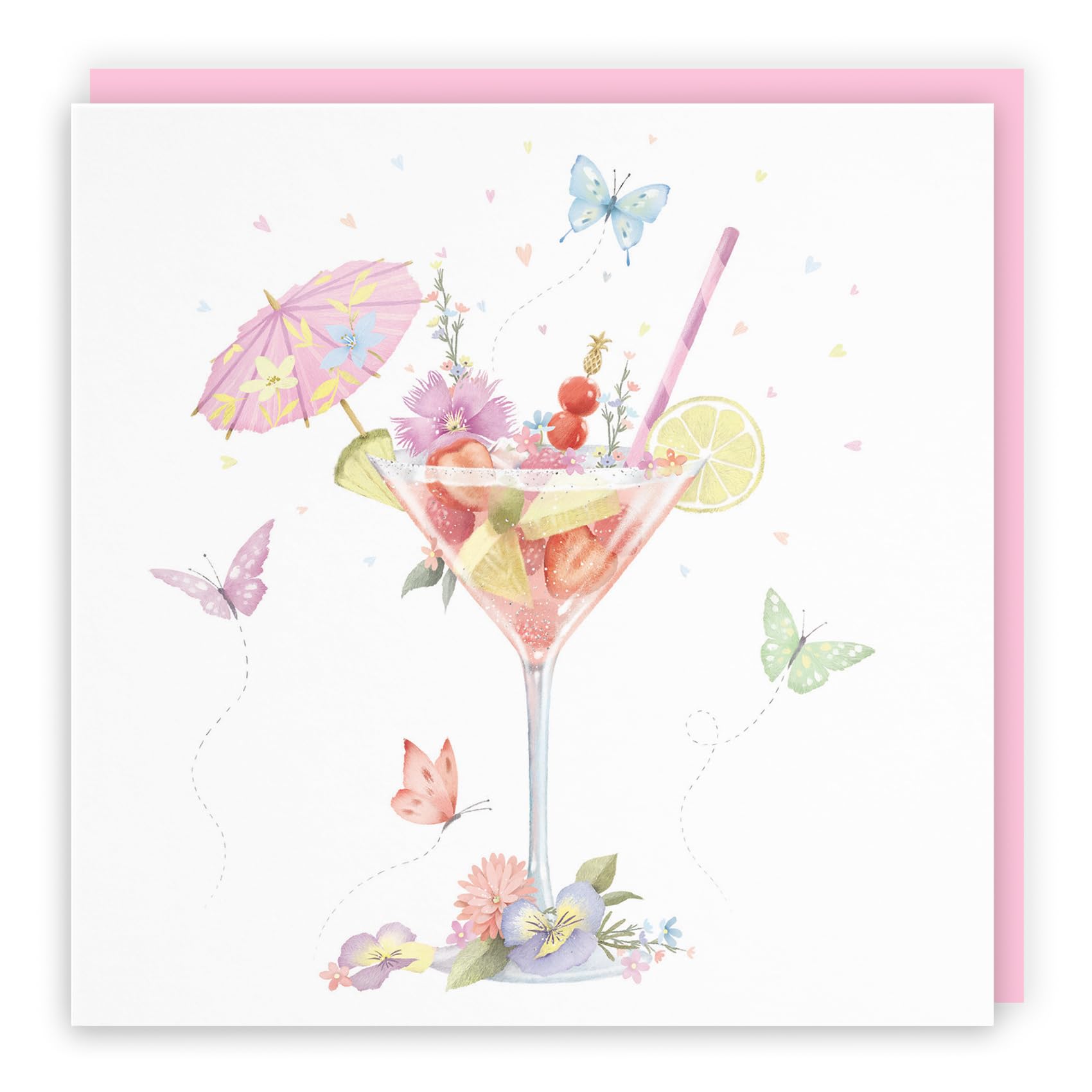 Hunts England - Pink Cocktail And Butterflies Elegant Blank Any Occasion Card For Her - Milo's Gallery - Female Blank Card - For Women - For Celebrations, All Occasions