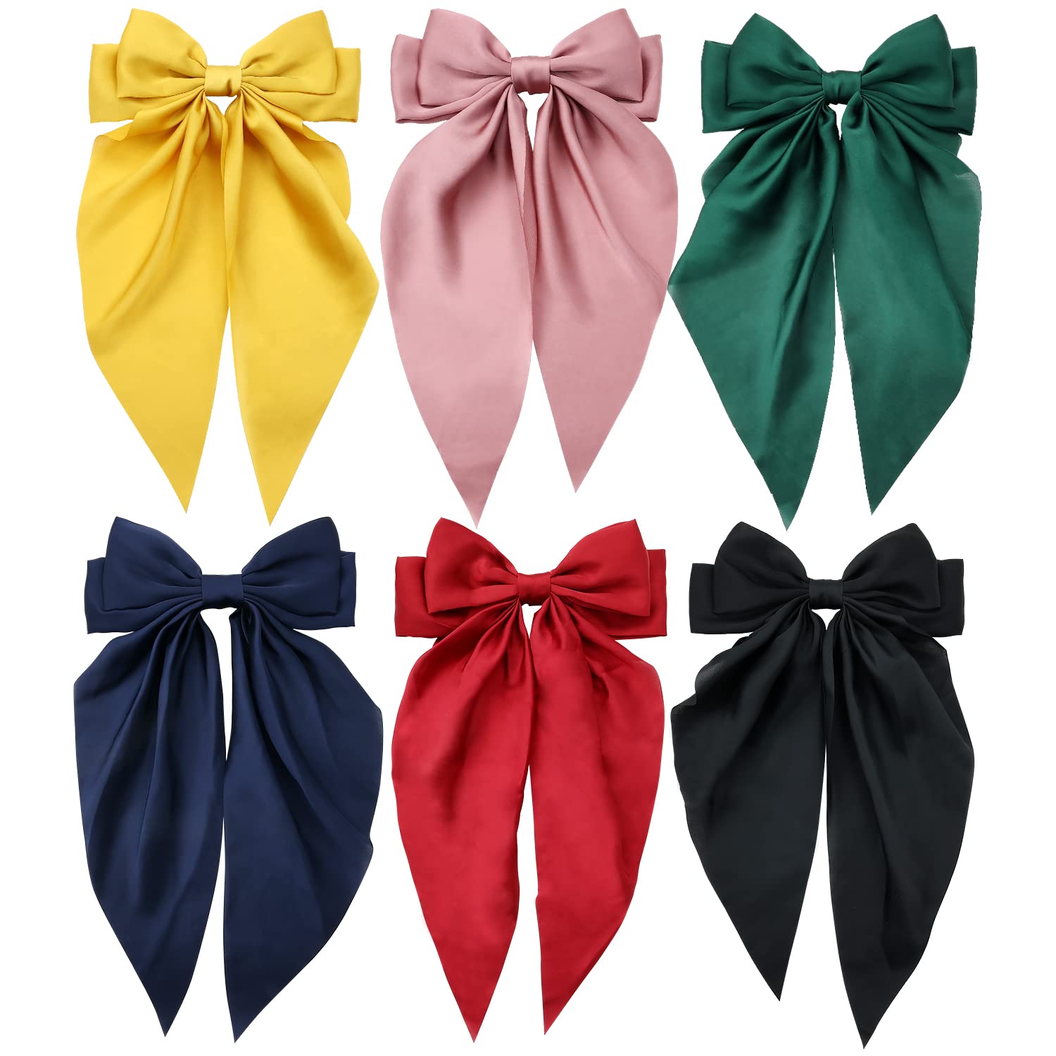 6 Pack Satin Large Hair Bows Big Oversized Giant Bow Hair Clips French Barrettes with Long Silky Ribbon Bowknot Bun Ponytail Holder Accessories for Women Lady Girl