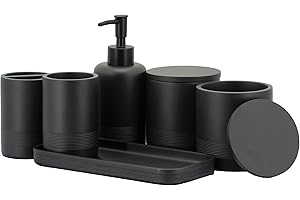 ZCCZ Black Bathroom Accessory Set 6 Pieces - Organiser with Toothbrush Holder, Lotion Dispenser, Vanity Tray, Qtip Containers