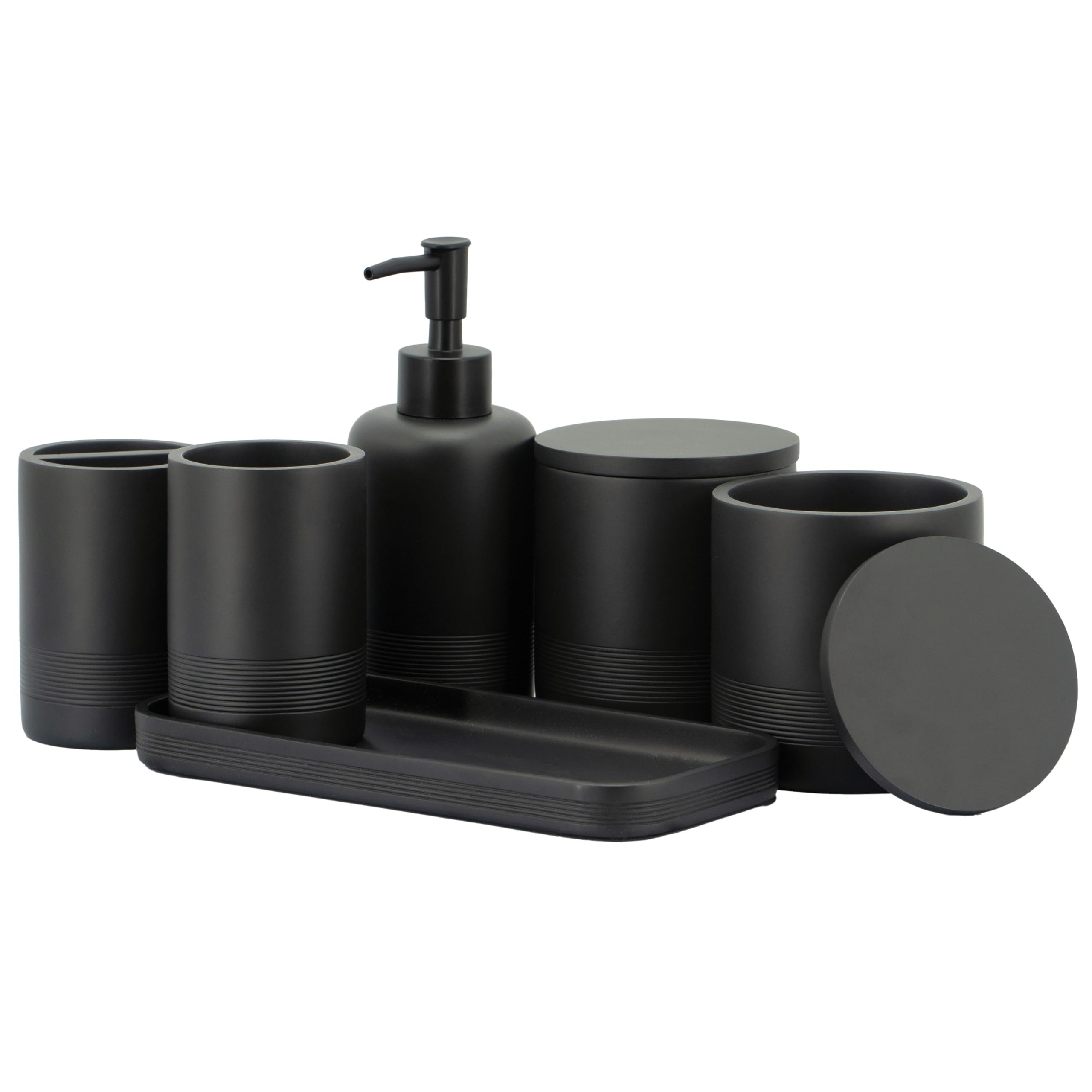 Photo 1 of ***MISSING PARTS***
ZCCZ Black Matte Bathroom Accessories Set 6 Pieces - Toothbrush Holder, Lotion Dispenser, Qtip Container, Vanity Tray, Tumbler - Countertop Organizer for Bathrooms - Elegant and Functional Décor Set