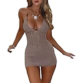 Women's Crochet Knit Halter Mini Dress Sexy Sleeveless Backless Lace Up Bodycon Mini Dress Summer Beach Dress