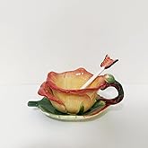 Minigift Ceramic Tea Cup and Saucer Set ,6OZ 3D Hand-Painted Flower and Lotus Leaf Coffee Mug,Gift for Women- Yellow Rose