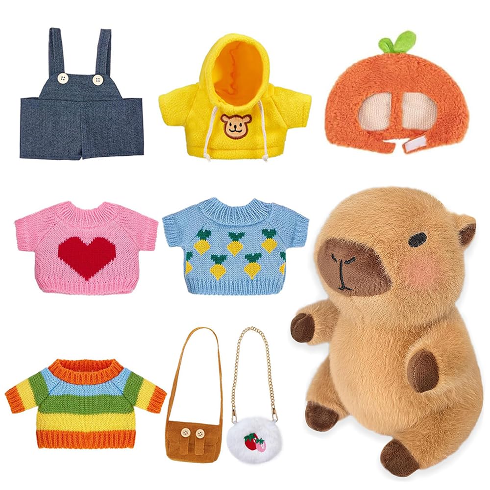 KBIBCK Capybara Plush with 9 PCS Clothes &Accessories, 25cm Capybara Stuffed Animal, Cute CapybaraTeddy, Capybaras Plush Soft Toy,Dress Up Capybaras Stuffed Animal PlushToys Gift for Kids Boy Girl (L)