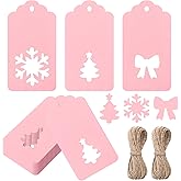 Civaner 120 Pcs Pink Valentines Day Gift Tags with String 2.2 x 3.7 in Pink Paper Valentines Name Tags Bulk Hanging Labels with Hollow Bow Xmas Tree Snowflake for Holiday Gift Wrapping DIY Craft