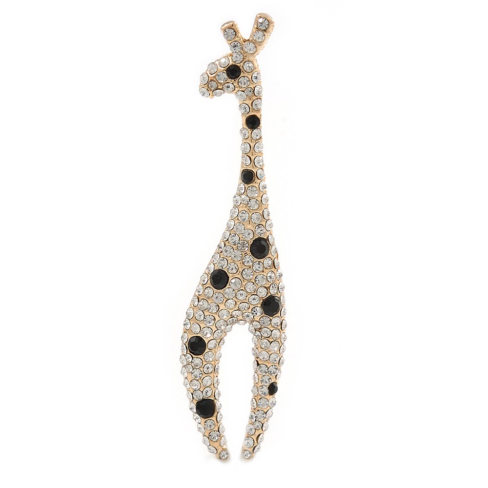 Clear/Black Crystal Giraffe Brooch In Gold Tone Metal - 70mm L