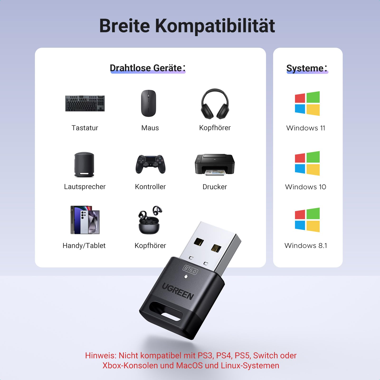 UGREEN Bluetooth 6.0 Adapter Dongle für PC, USB Bluetooth Stick für Maus 3