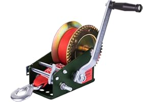 WHSSFINE Hand Winch Heavy Duty 3500lbs with Nylon Strap and Ratchet Handle Hook 2 Gear Manual Crank Towing Winch for ATV Boat Trailer Truck Auto Green
