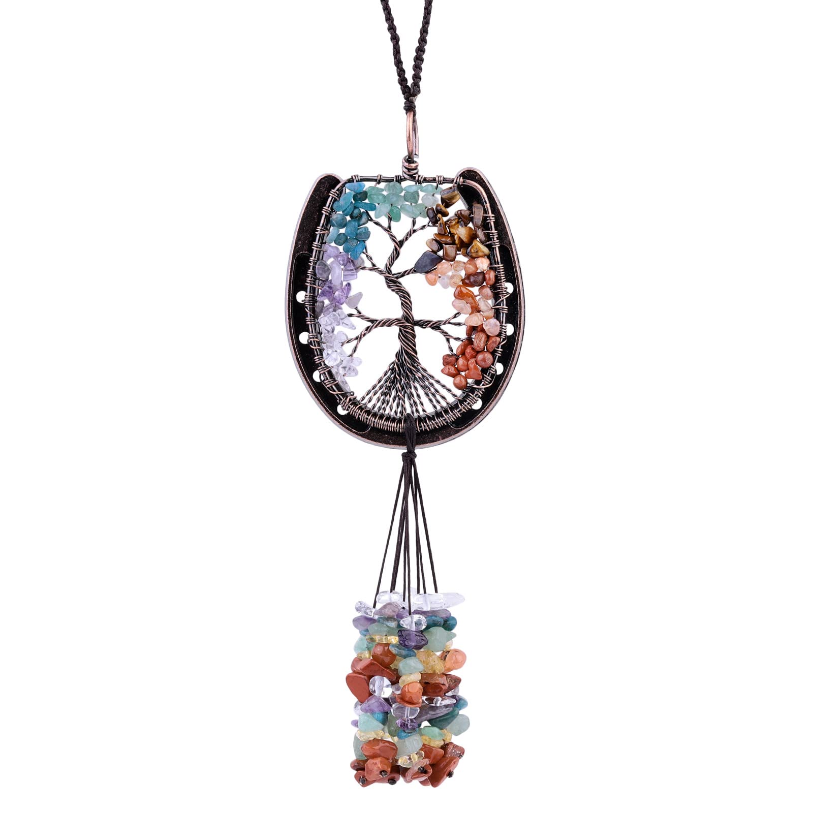 Rockcloud Horseshoe Tree of Life with Crystals Tassel Wall Hanging Ornament, Tumbled Chips Gemstones Window Pendant for Home Office Car Meditation Decor, Mixed Stones