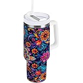 Nander 40oz Beautiful Mexican Floral Patterns Tumbler with Handle and Straw Lid,Insulated Coffee Cup Reusable Stainless Steel Water Bottle Travel Mug Cupholder,Keeps Cold or Hot